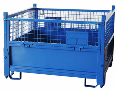 A non-collapsible heavy duty wire container with blue painted surface and four ways access at the bottom for forklift.