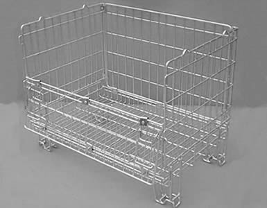 An European style wire container with opened half drop gate and zinc coated surface is on the floor.