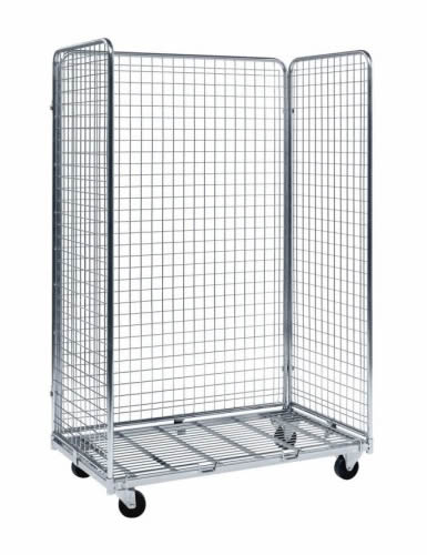 A standard logistic cart with galvanized surface and four black rubber casters, and it has 3 sides with the gate opened.
