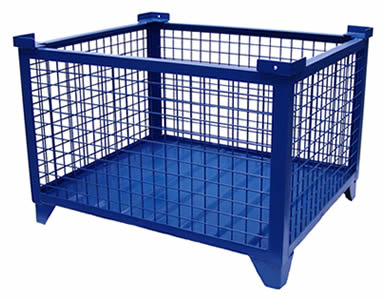 A heavy duty wire container with blue painted surface, and the body are wire meshes except the steel plate bottom.