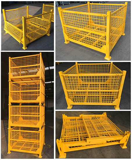 Five different angles of a heavy duty wire container, shows that it can be foldable and stack 4 layers.
