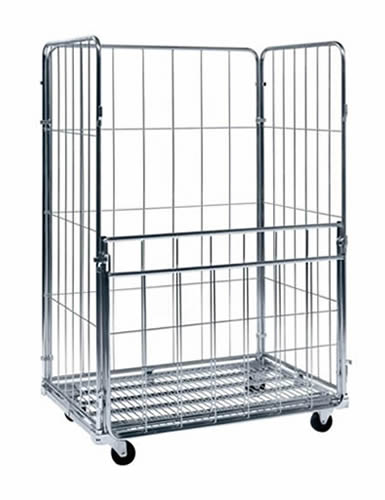 A logistic cart with 4 sides walls and two secure options in the front, 4 black casters are at the bottom.