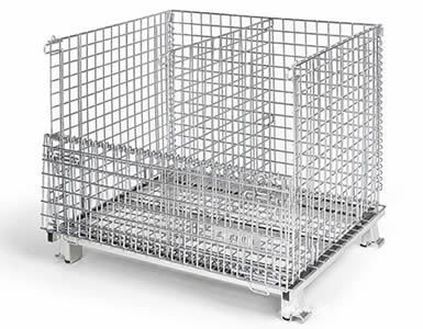 A foldable wire container with galvanized surface and is divided into two sections by a vertical divider.