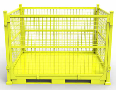 A foldable heavy duty wire container with yellow painted surface and forklift pockets at the bottom for forklift.