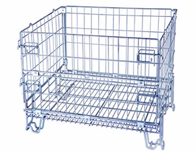 An American style wire container with bright surface and steel wire feet is on the floor.