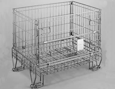 An European style wire container with bright surface, a half drop gate and steel wire made feet.