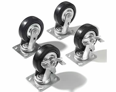 Four black rubber casters and two of them are swivel with brakes and the rest two are fixed casters.