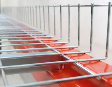 A part of inverted step channel wire decking with reverse waterfall on the orange rack beam.